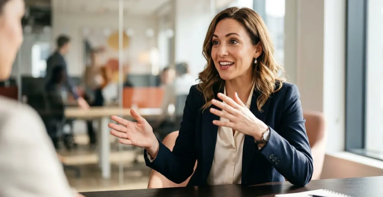 Professional illustrating story arc with hand gestures during interview