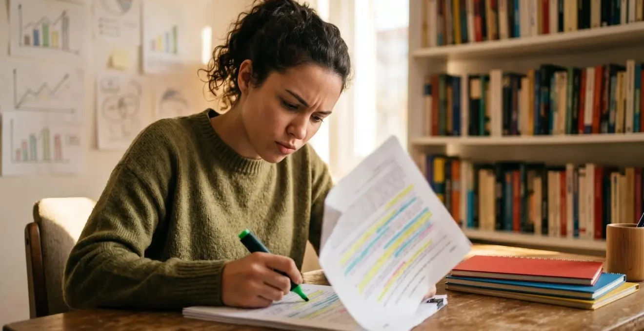 Student analyzing assignment requirements with highlighters and organized notes