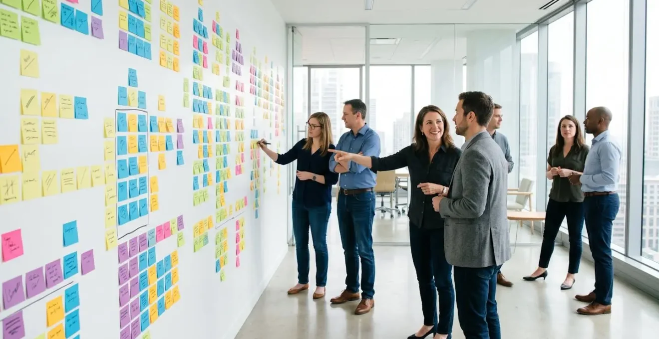 Visual representation of an automation identification workshop with task mapping on a wall with sticky notes