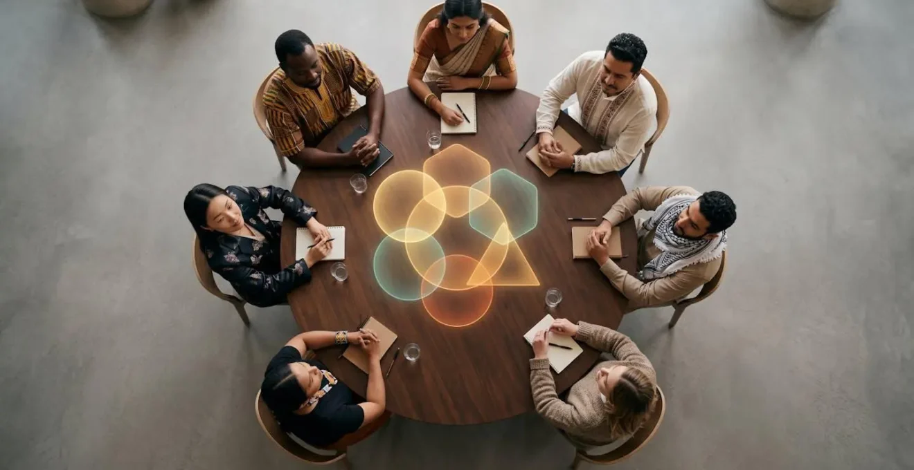 Team members from different cultural backgrounds creating shared digital workspace together