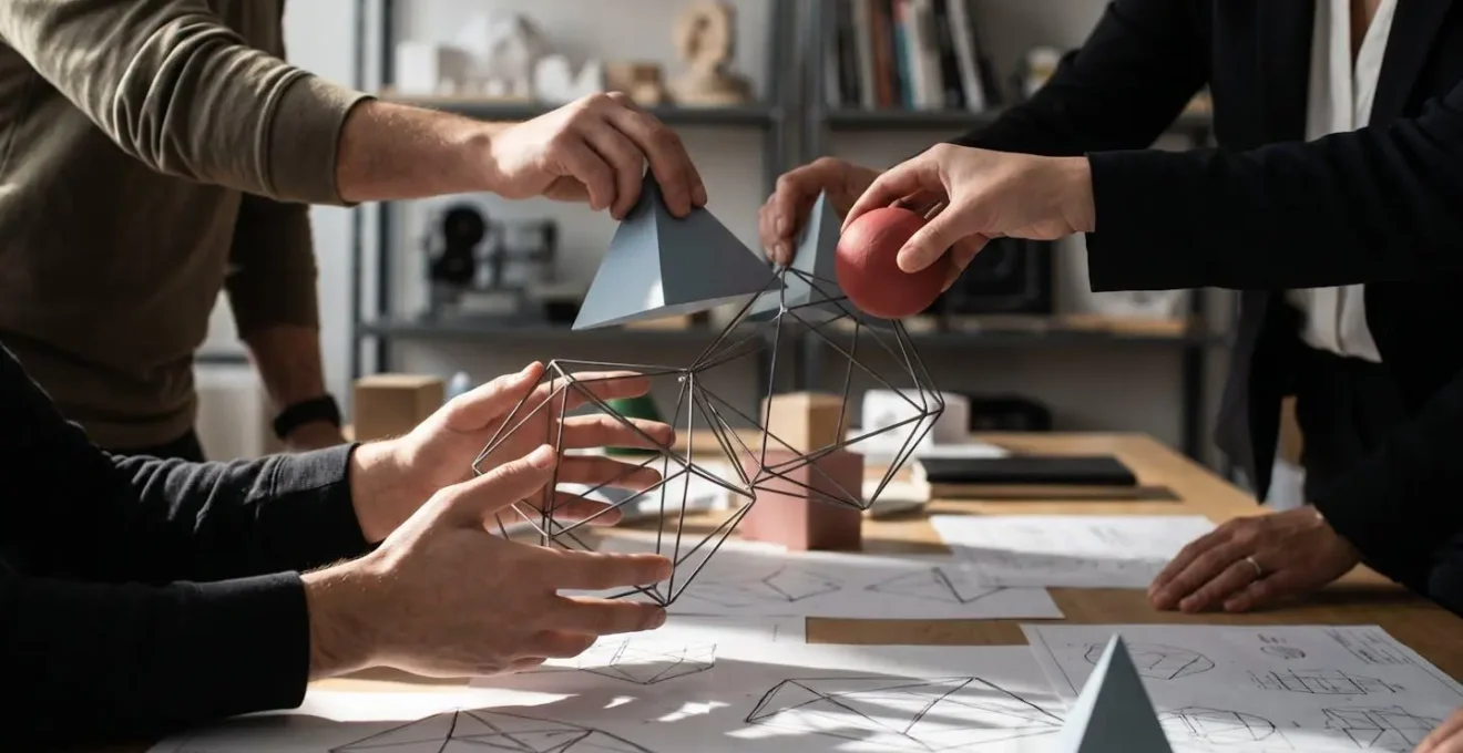 Team members using hand gestures and physical models to communicate design concepts around a collaborative workspace
