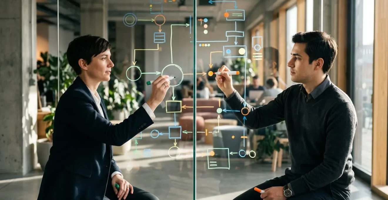 Manager and team member reviewing project dashboard on transparent board