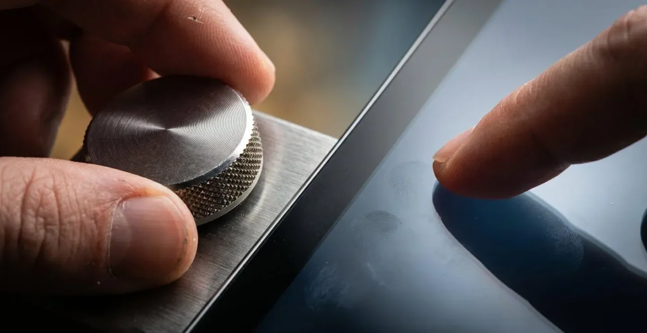 Extreme close-up of hand adjusting analog and digital controls simultaneously