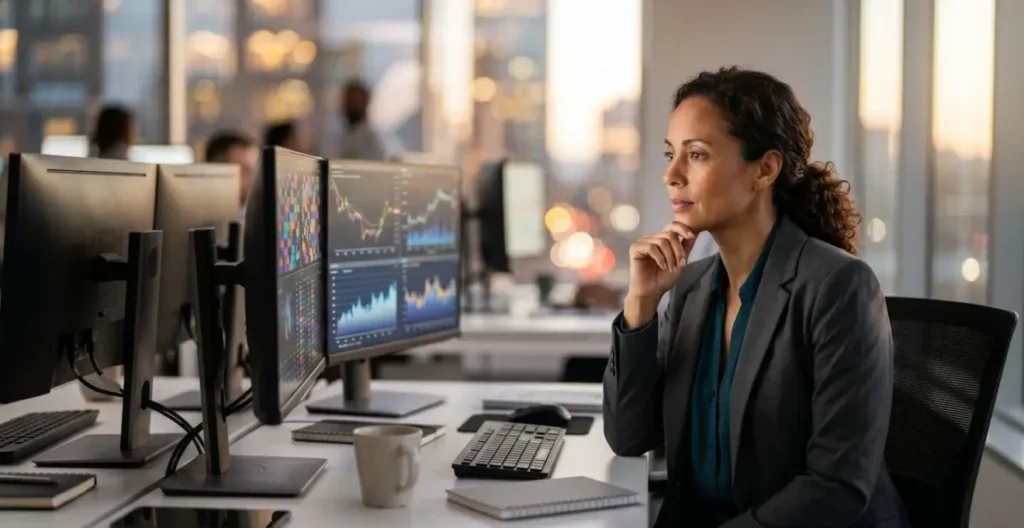 Investor analyzing market opportunities calmly during a market downturn at a modern trading desk. Investor analyzing market opportunities calmly during a market downturn at a modern trading desk.