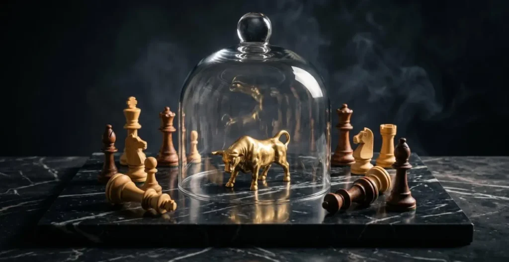 Visual metaphor of portfolio protection using options strategies, showing a glass dome protecting a golden bull sculpture. Visual metaphor of portfolio protection using options strategies, showing a glass dome protecting a golden bull sculpture.